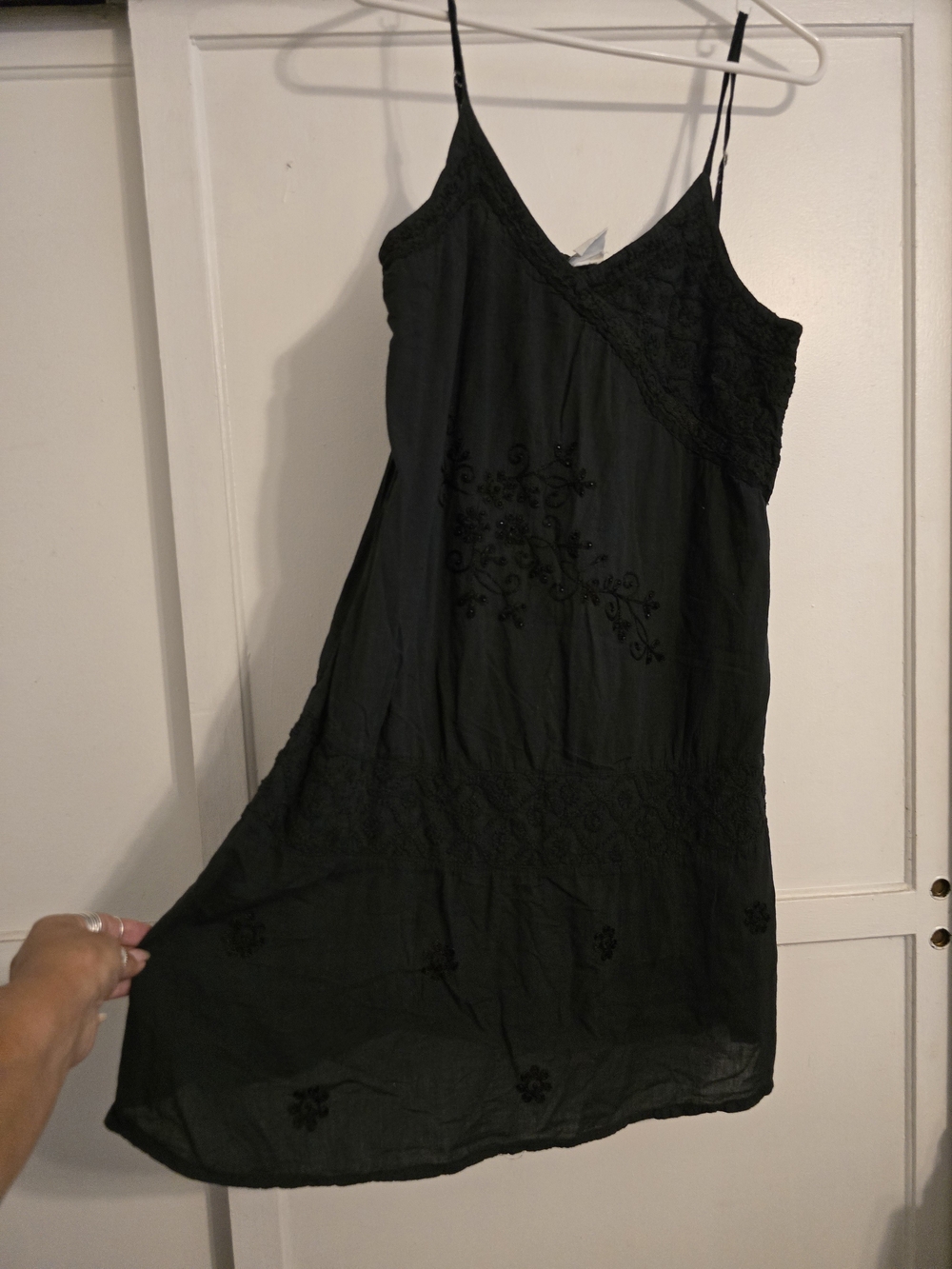 Rain Forest Black Spaghetti-Strap Embroidered Women's Dress
